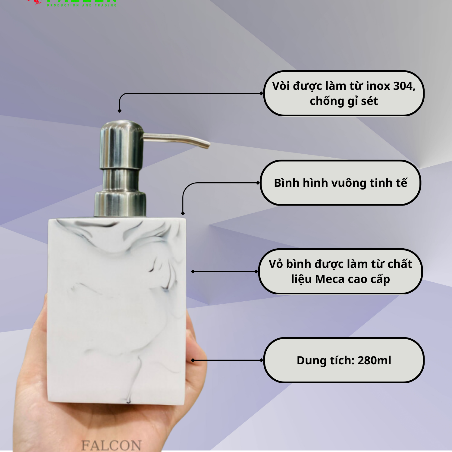 Bình đựng dung dịch meca vòi inox hình vuông