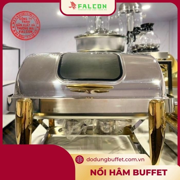 Nồi hâm buffet chữ nhật chân đúc mạ vàng