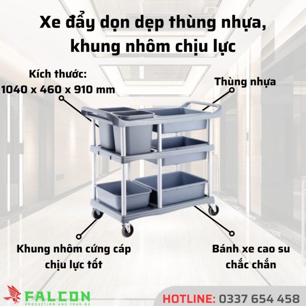 Xe đẩy dọn dẹp thùng nhựa khung nhôm chịu lực