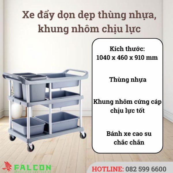 Xe đẩy dọn dẹp thùng nhựa, khung nhôm chịu lực